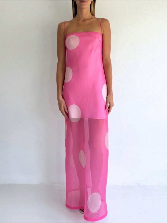 SHEIN Dresses & Skirts - SHEIN Pink Polka Dot Sheer Maxi Slip Dress